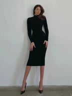2024 New Autumn Knitted Turtleneck Dress Women Long Sleeve Bodycon Midi Dresses Female Elegant Fashion Solid Color Skinny Dress