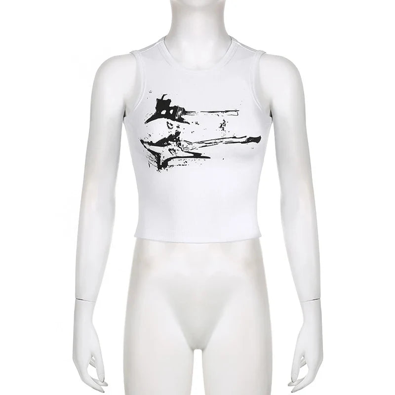 Guitar Print Sleeveless Tank Top Y2K Casual Ribbed Women Grunge Crop Top Harajuku Fashion Vest Tee 90s Street Outfits