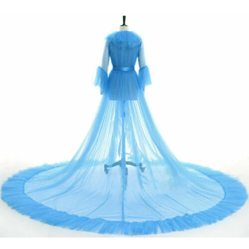 Combhasaki Women Lingerie Lace Sheer Mesh Tulle Perspective V neck layered Ruffle Maxi Floor Long Bath Robe Gown Sleepwear Dress