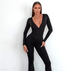 2025 Women Autumn Black Long Sleeve V Neck Jumpsuits Streetwear Bodycon Sexy Sporty Casual Rompers Fashion Overall Body Tops