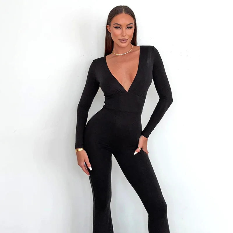 2025 Women Autumn Black Long Sleeve V Neck Jumpsuits Streetwear Bodycon Sexy Sporty Casual Rompers Fashion Overall Body Tops