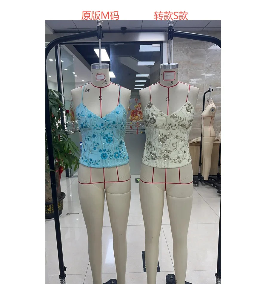 Combhasaki Women Summer Sleeveless Beading Camis Top V-neck Tie-up Cross Backless Pearl Glitter Sequin Flower Embroideried Vest