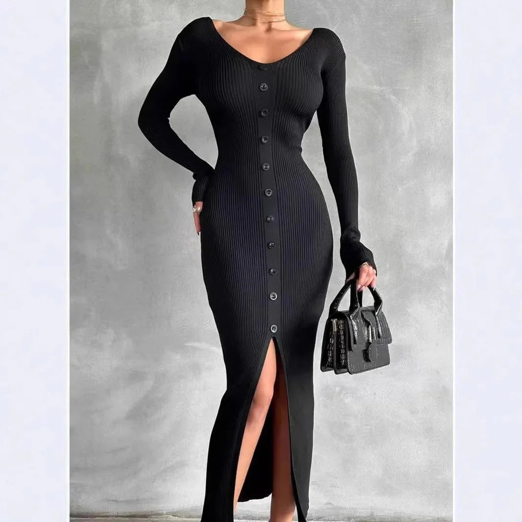 2025 Knitted Dress For Women Vintage Fashion Long Sleeve Dresses Solid Single Breasted V Neck Midi Autumn Winter Dress Скучать