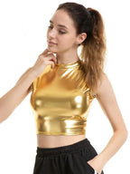 CHSDCSI Sexy Slim Shiny Sleeveless Vest Women High Street Tanks Summer Short Tops Fashion Punk Silver Gold Crop Clubwear