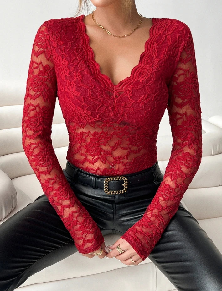Blouse for Women Slim Deep V Neck T-Shirt 2025 Sexy Scallop Trim Lace Patchwork Glitter Flower Embroidery See-Through Shirt