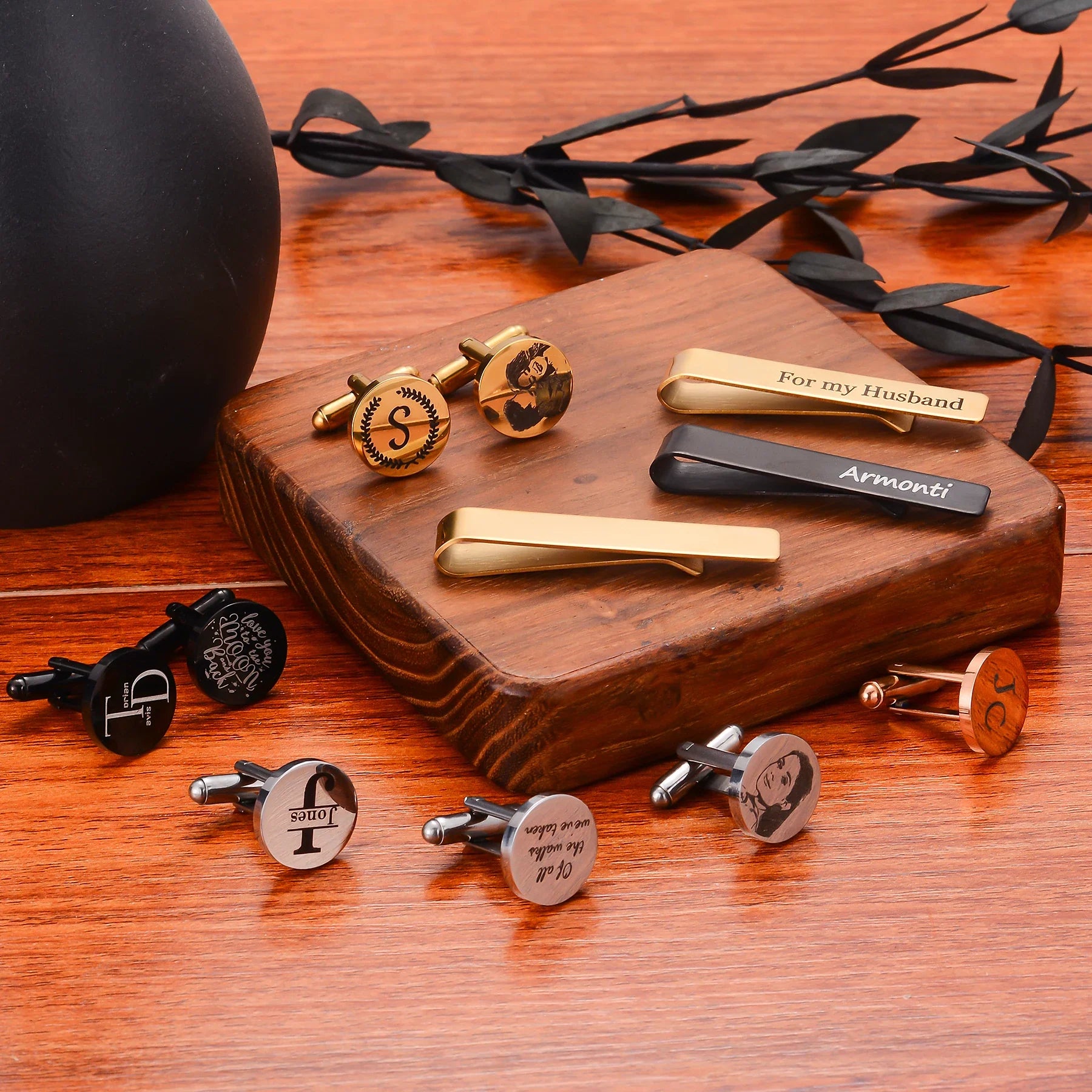 Custom Engraved Round Cufflinks & Tie Clip Set Stainless Steel Anniversary Wedding Birthday Groomsmen Gift for Father Husband