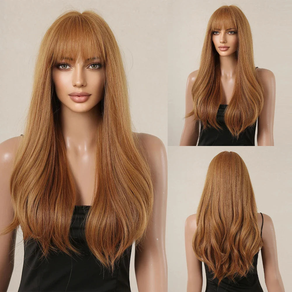 Brown Blonde Highlights Wigs Medium Length Wavy Synthetic Wig With Bangs Natural Body Wave Hair For Women Daily High Temperature
