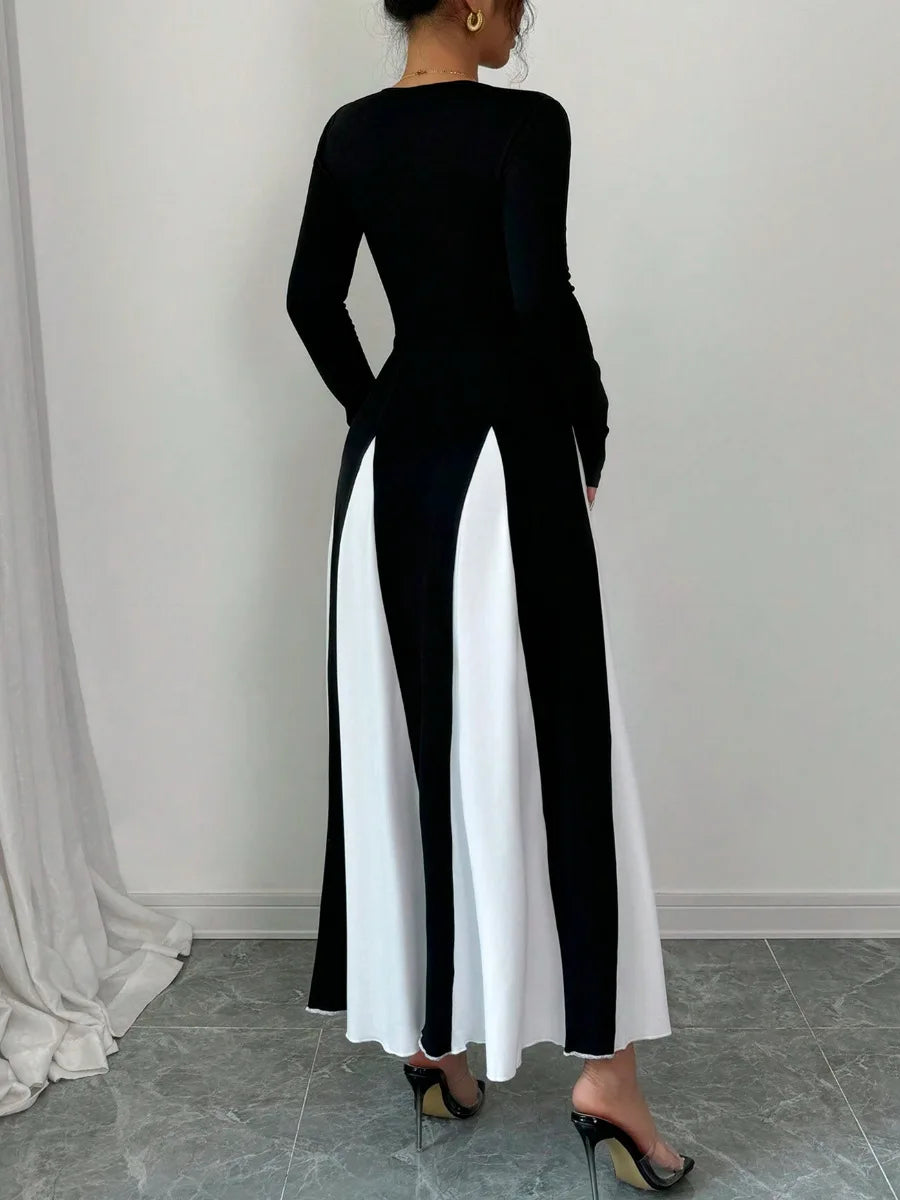 2025 Spring & Autumn Women's Long Sleeve Round Neck A Line Contrast Color Dress, Stylish Black & White Patchwork Long Dress