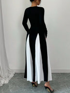 2025 Spring & Autumn Women's Long Sleeve Round Neck A Line Contrast Color Dress, Stylish Black & White Patchwork Long Dress