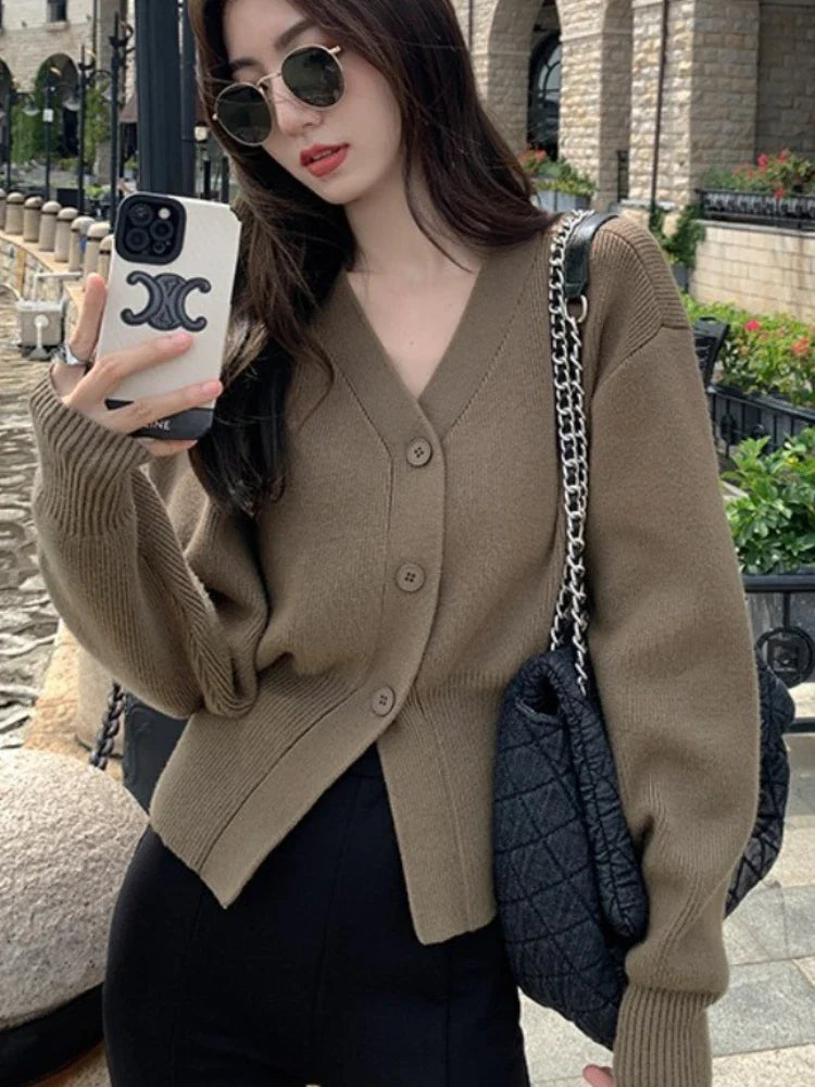 AOSSVIAO Knitted Casual Cardigan 2025 Autumn Winter Elegance Solid Color V-neck Sweater Unique and Niche Slim Fit Tops