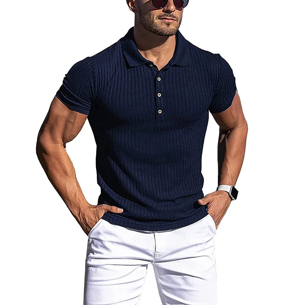 Brand Name Stylish Summer Polo - Men's Elastic Short Sleeve with Bold Stripes and Stand Collar