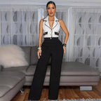 Elegent Office Lady Jumpsuits for Women Full Length Summer V Neck Sleeveless Blazer Jumpsuit High Waist Sexy Backless Jumpsuit