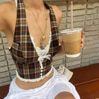 Candyhot Plaid Vintage Lace French Style Halter Crop Tops Retro Backless Sleeveless V-neck Slim Tops Casual Streetwear Camisole