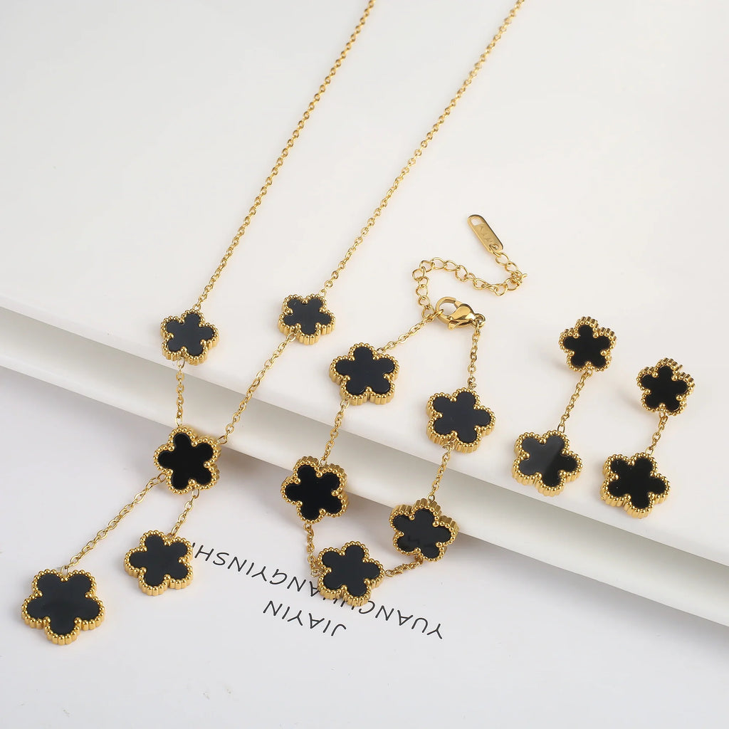 3Pcs Stainless Steel Hot Selling Gold Plated Clover Necklace Earrings Bracelet Jewelry Set Five Leaf Flower Jewelry For Women