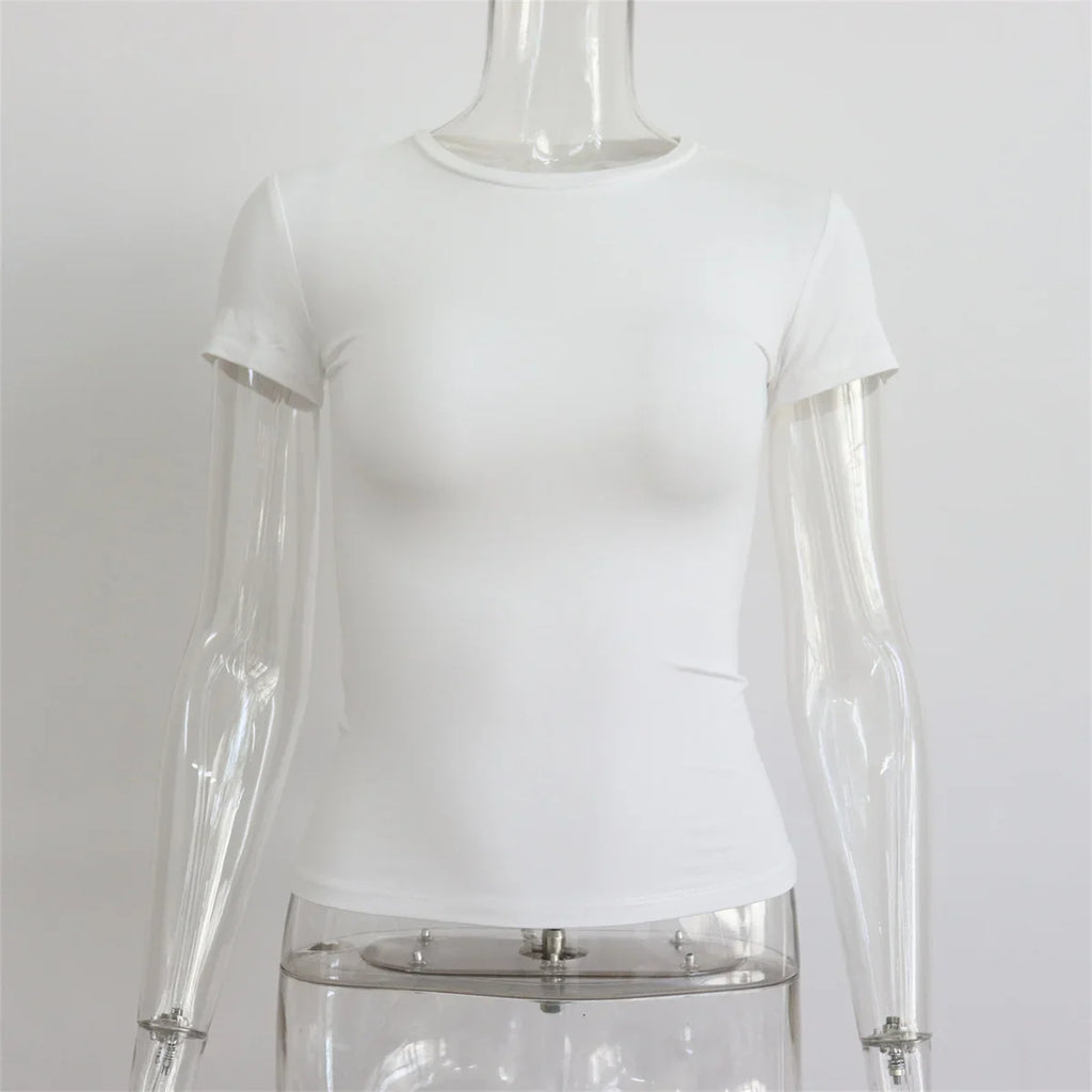 2025 Spring New Short Sleeve T-Shirt Women Solid Simple Casual Soft All-Match Hot Basic Crop Tops Tees Summer Fashion Slim Fit T