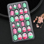 24Pcs Children Cartoon Nail Tips Colorful Cute Rabbit Pink Stars 6-14 Years old Girl Fake Nail With Jelly Glue Kids False Nail