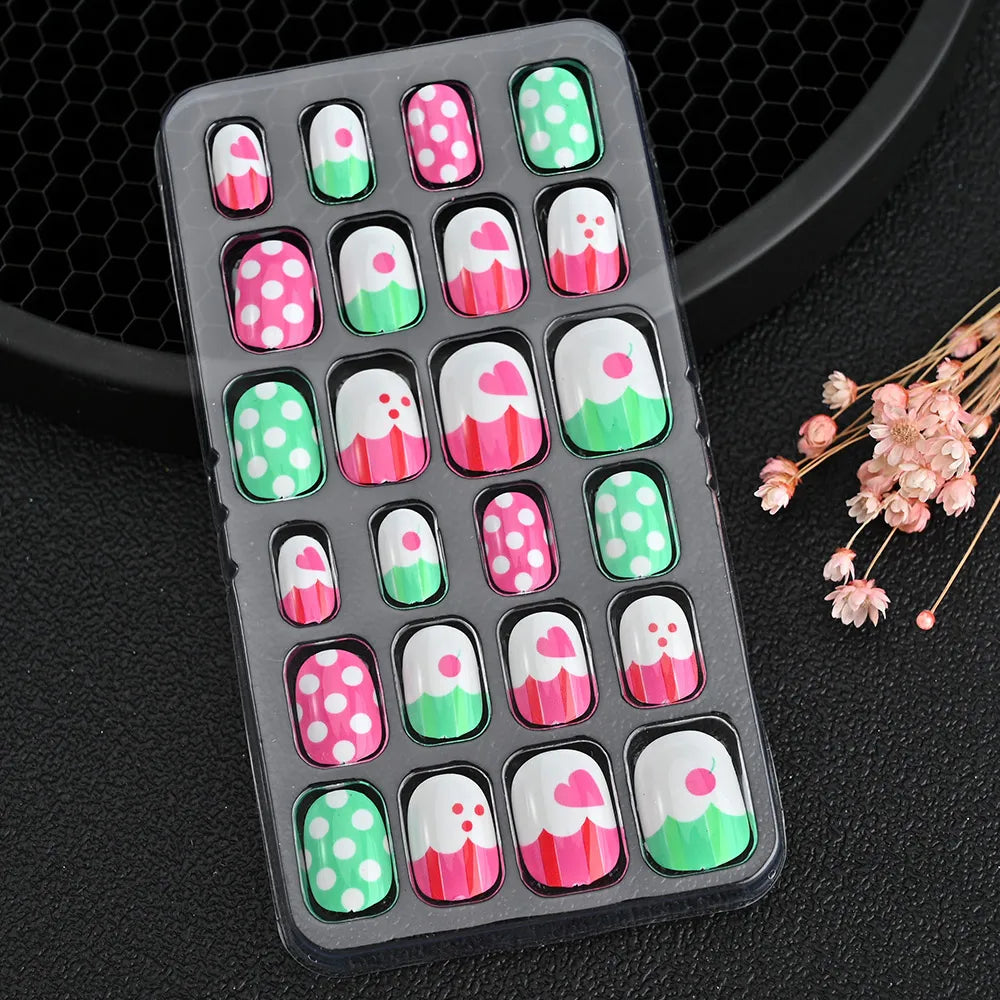 24Pcs Children Cartoon Nail Tips Colorful Cute Rabbit Pink Stars 6-14 Years old Girl Fake Nail With Jelly Glue Kids False Nail
