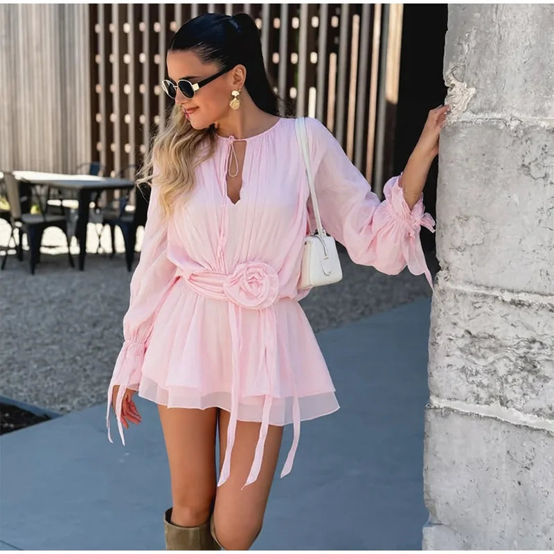 3D Flower Ruffles Mini Dress Women Elegant V Neck Lace Up Long Sleeves Ribbon Vestidos Female 2025 Summer Fashion Chic Dress