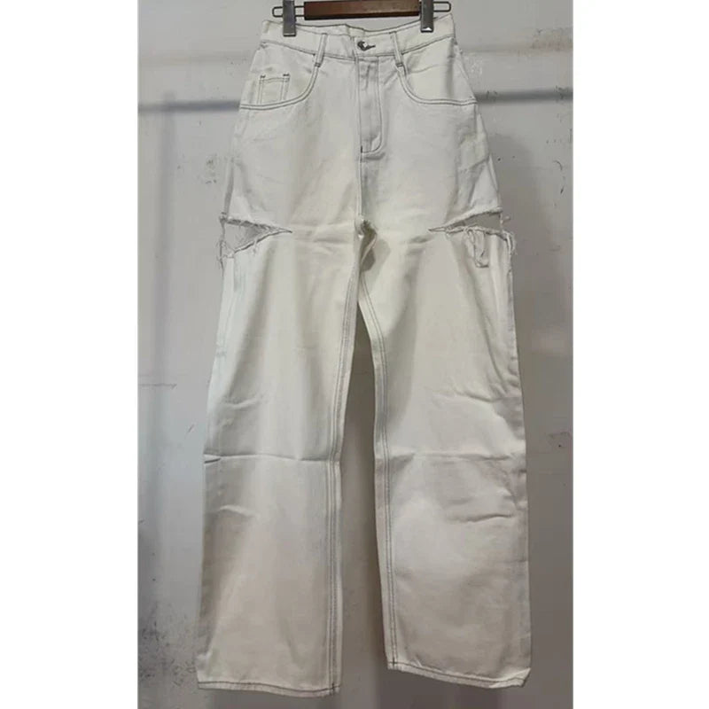 Dave&Di Summer British High Street Retro Loose Jeans With High Waist Wide Legs Broken Jeans For Women Boyfriend Style Mom Jeans