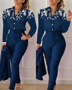 Elegant Women Printed Two Piece Suit Sets Spring Autumn V Neck Long Sleeve Shirt Top & Long Pants Set With Belt Workwear Outfits