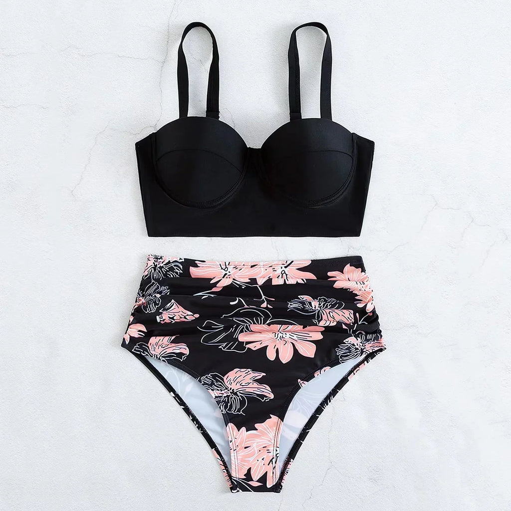 2024 Summer New Bikini Push Up Swimsuit Women Halter High Waist Swimwear Female Printed Bathing Suit Bathers