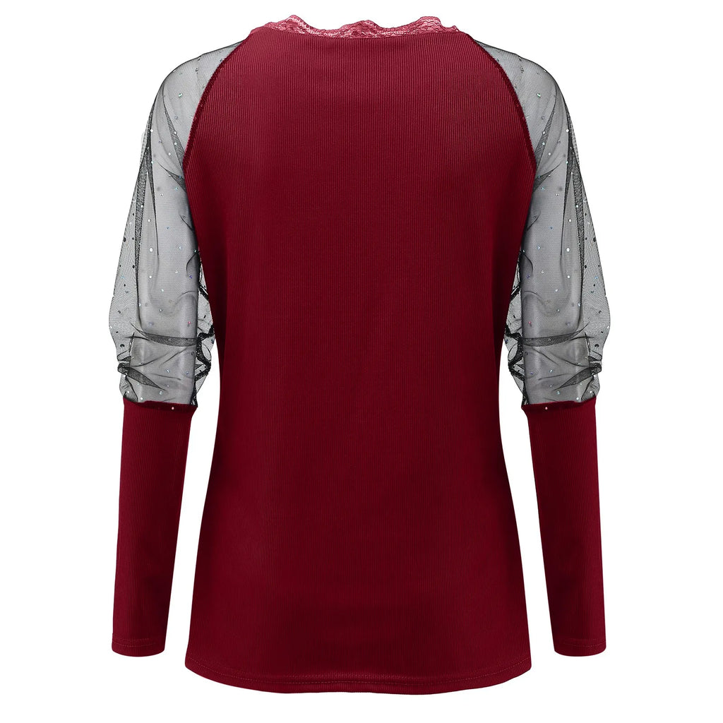 Elegant Mesh Blouse Women Slim Elastic V-neck Printed Lace Sexy Long Sleeve Top Fashion Streetwear Tops Blusas Mujer De Moda