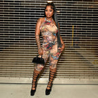 CUTENOVA Women'S Full-Body Printed Hanging Neck Big Backless Skinny Five-Point Jumpsuit Sexy Fashion Street Trend Jumpsuit