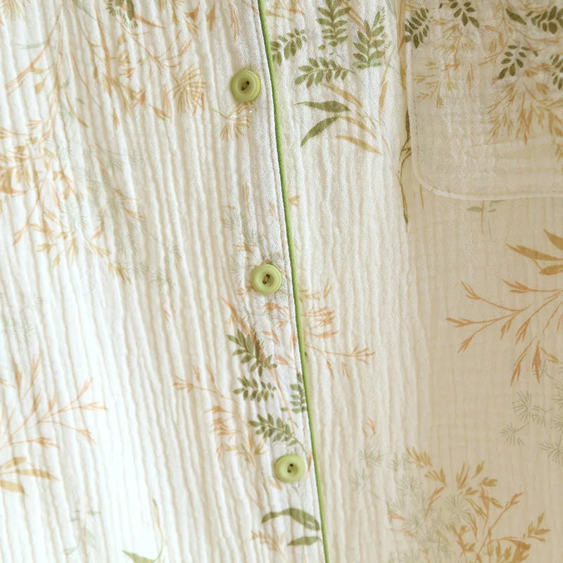 2025 New Spring and Autumn Women's Pajama Set 100% Cotton Crepe Printed Long Sleeve Pants Two Piece Home Suit Set Sleepwear