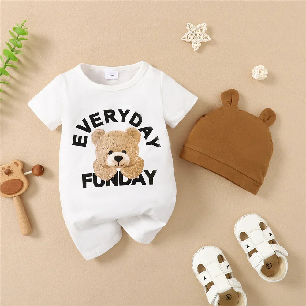 0-12Months Newborn Baby Boy Romper Animal Panda Bear Short Sleeve Jumpsuit + Hat 2PCS Infants Clothes Summer Fashion Bodysuit
