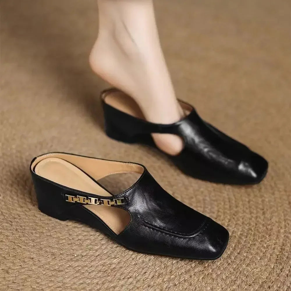 2025 New Retro Style Baotou Women's Sandals Half Slippers Square Toe Inside Heightening