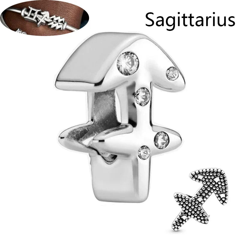 Authentic 925 Sterling Silver Sparkling Aries Leo Scorpio 12 Zodiac Signs Constellation Charm Beads Fit Pantaro Bracelet Jewelry