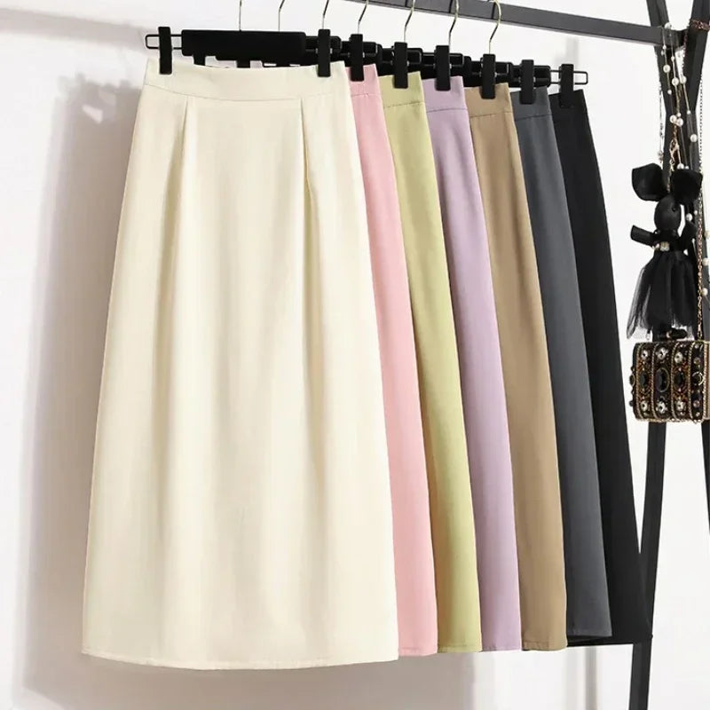2025 Summer Female Fashionable Versatile Solid Skirts High Waisted Mid Length A-line Plus Size Skirt Split Wrap Body Skirt