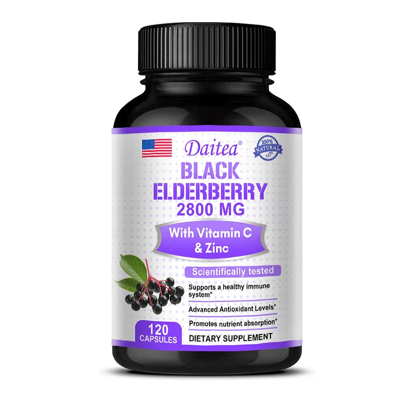 Black Elderberry 2800 Mg - with Vitamin C and Zinc, Immune System Support, Antioxidant Supplement, Skin Health Benefits