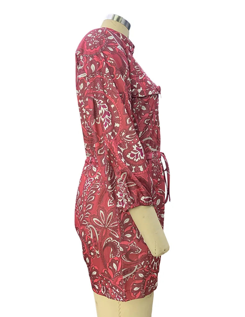 BAMBOOBOY Women Summer Long Sleeve Playsuit with Waist Elastic Band Casual Stand Collar Pocket Loose Wide Leg Short Jumpsuit