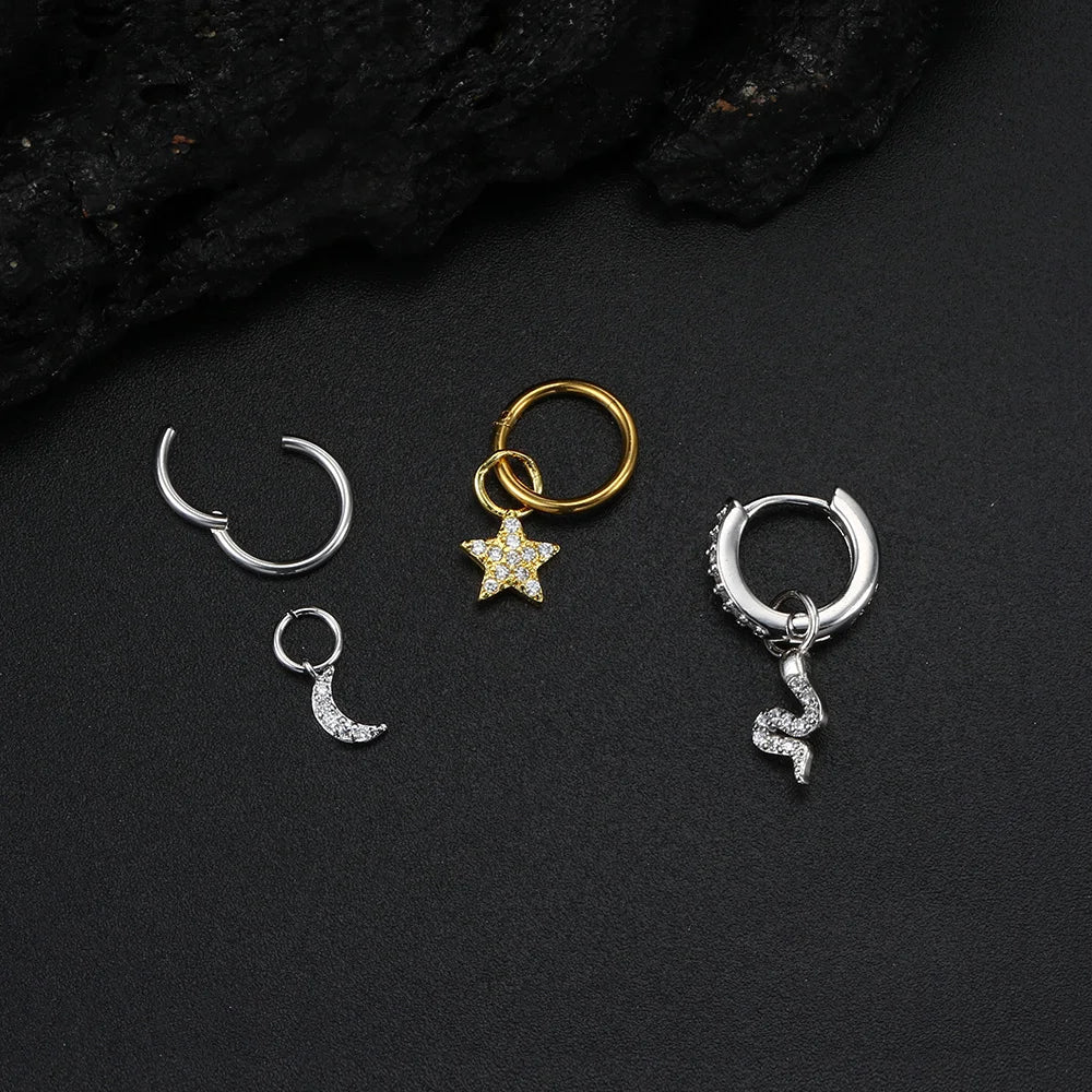 1PC Little Star Moon Snake Crystal Charms Pendant Helix Daith Earrings for Women Hanging Matching Piercing Lobe Tragus Jewelry