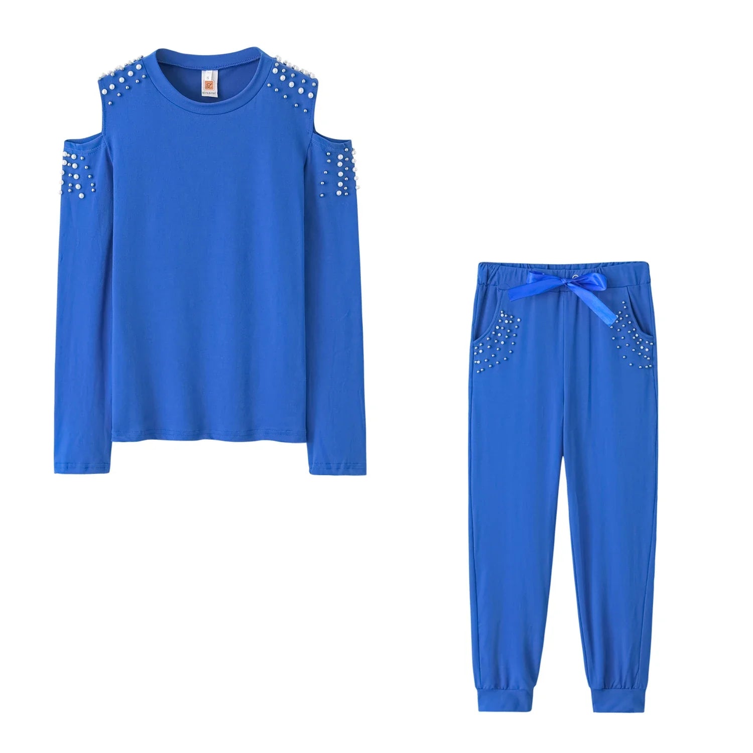 2 Pieces Set Women Europe Fall 2022 Outfit Sexy Nail Bead Pure Color Round Collar Long Suit Sports Set Dropshipping ZXP9596