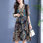 2025 Summer Bohemian Dresses For Women Elegant V-neck High Waist Women's Print Black Dress A-line 100% Real Silk Long Midi Dress