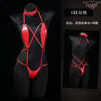 Anime Cosplay Girls Halter Leather Swimsuit Cross Straps Bandage Jumpsuit Bodysuit Lingerie Costumes Hollow Out Pajamas