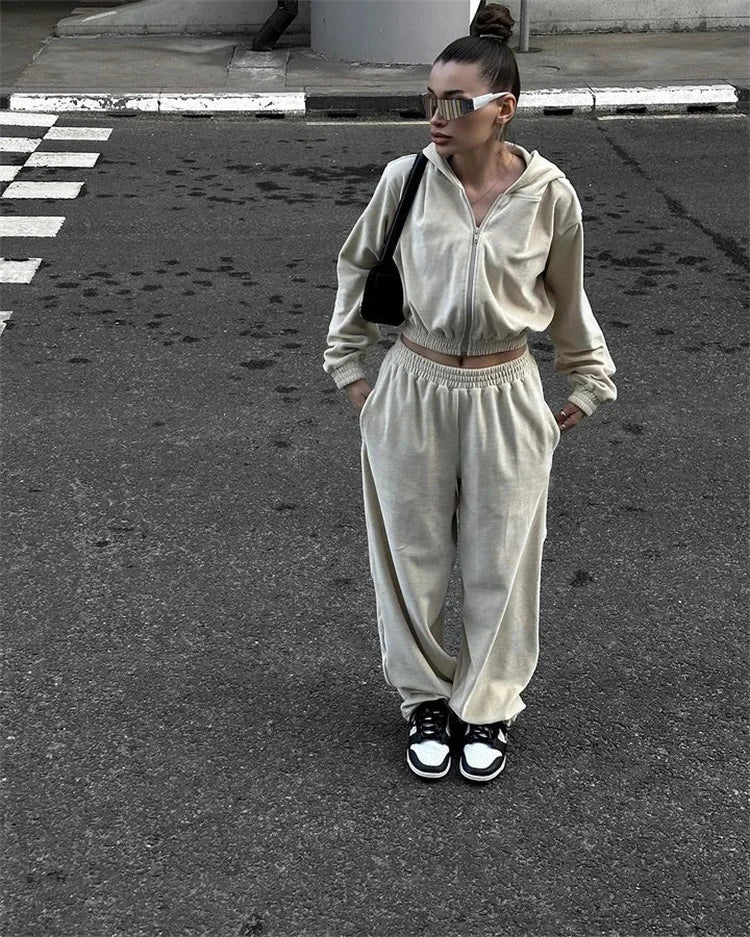 Autumn Winter Casual Two Piece Set Women Street Trend Long-sleeved Hooded Cardigan Sexy Waist Waist Elastic Trousers Tracksuit