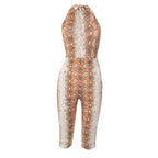 CUTENOVA Women'S Full-Body Printed Hanging Neck Tie Backless Skinny Five Points Jumpsuit Simple Casual Sexy Street Jumpsuit