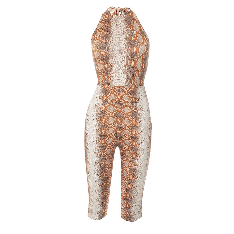 CUTENOVA Women'S Full-Body Printed Hanging Neck Tie Backless Skinny Five Points Jumpsuit Simple Casual Sexy Street Jumpsuit