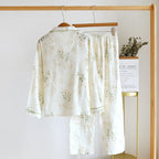 2025 New Spring and Autumn Women's Pajama Set 100% Cotton Crepe Printed Long Sleeve Pants Two Piece Home Suit Set Sleepwear