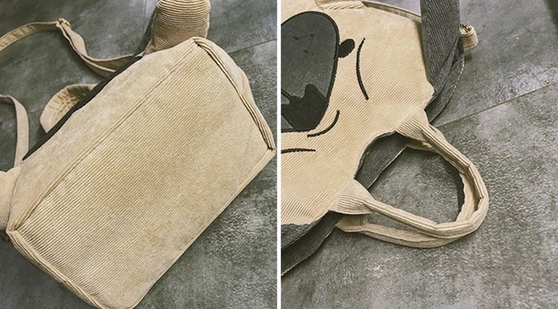 Cute Animal Handbags For Women Casual Travel Large Capacity Totes Shoulder Bags Pug Dog Corduroy Messenger Bag Feminine Bolsas