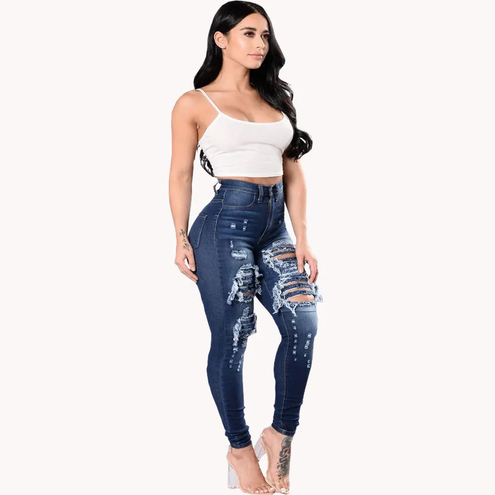 Botvotee Ripped Skinny High Waisted Pencil Jeans for Women Casual Y2K Streetwear Denim Pants Dark Blue Elastic Jeans Woman