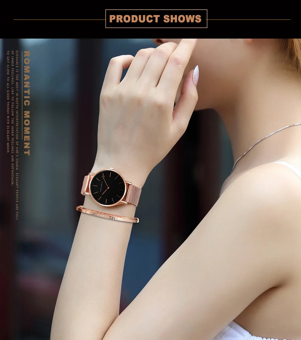 HANNAH MARTIN Brand Classic Women Quartz Watch 36mm Rose Gold Stainless Steel Mesh Strap Japanese Movement Girl Gift Wrist Watch