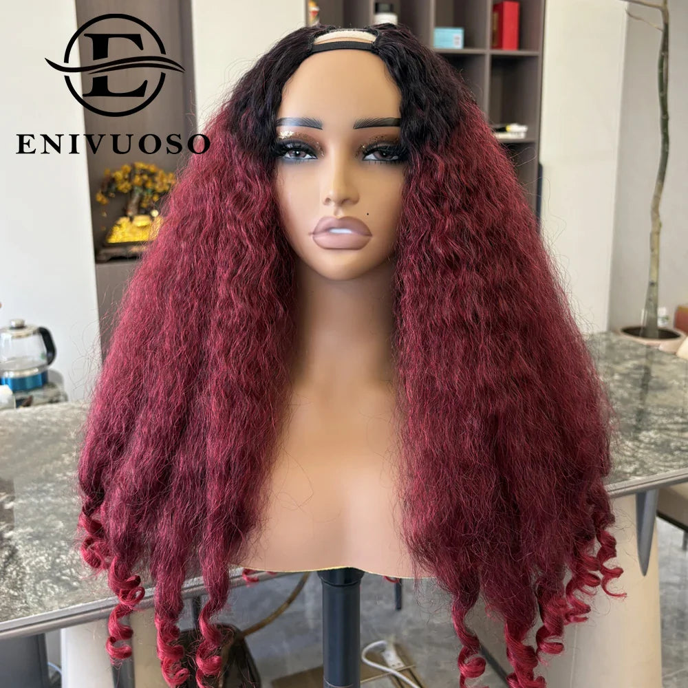 Afro Kinky Straight V Part Wigs with Bouncy Curls Short Synthetic Glueless Wigs for Black Women No Leave Out Clip in Half Wigs