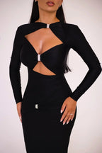 Articat Sexy Hollow Out Long Sleeved Elastic Tight Dress Women Pleats Double Layered Female Vestidos Elegant Party Evening Dress