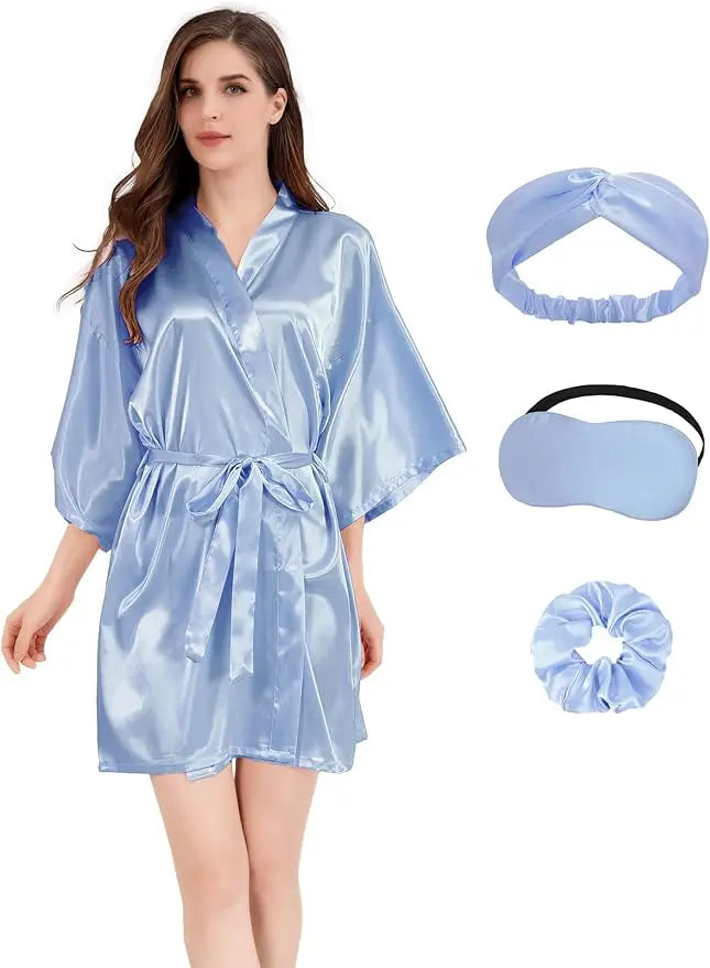 2Pcs Womens Floral Kimono Robe Silk Robes Bride Bridesmaid Satin Robes Bridal Dressing Gown Silky Bathrobe