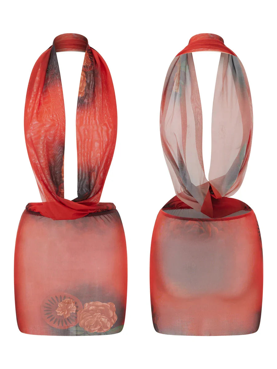 Combhasaki Womens Summer Beachwear Y2K Halter Deep V-Neck Sleeveless Backless Flower Tie-dye Print Bodycon Slim Short Mini Dress