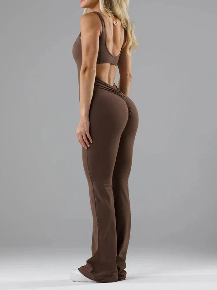 2025 Summer New Women's Sexy Hottie Style Backless One-piece Suit Sports Fitness Yoga Pullover One-piece Suit Flared Pants